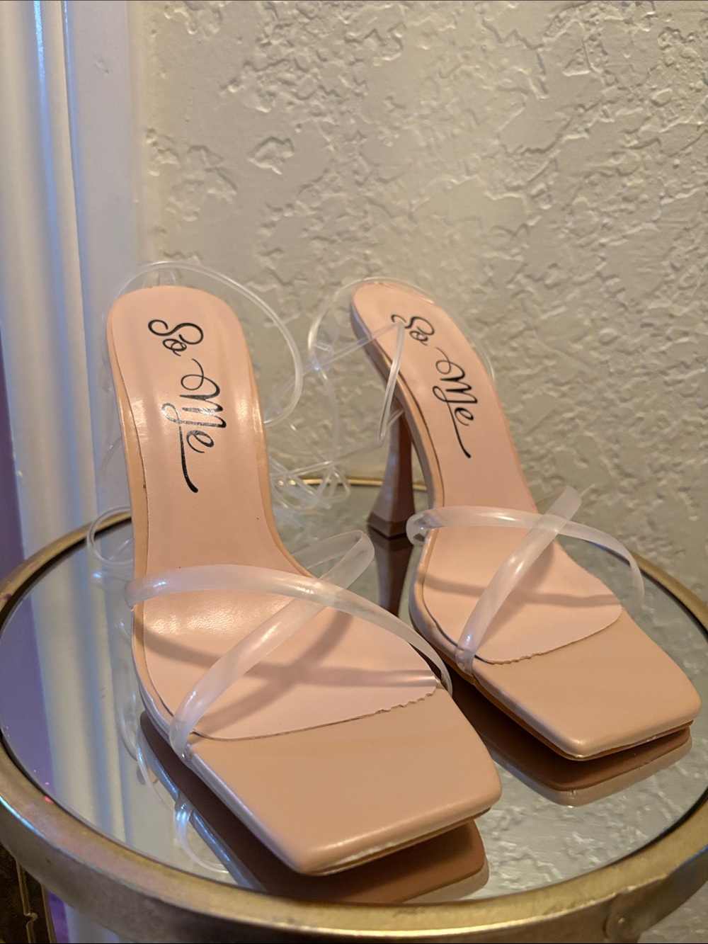 So Me  Nude Clear-Strap Square Toe Heels